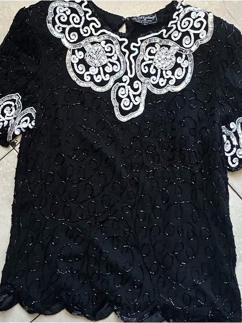 Embellished Black Beaded Women's Blouse with Silver Embroidery